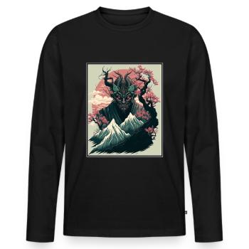 Japan Japanese Demon Cherry Blossom Mountains Retro - Men's Premium Organic Long Sleeve Shirt - black - Front - Nico (187cm)