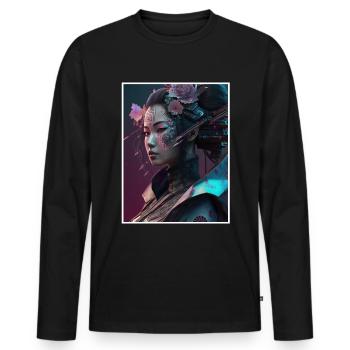 Geisha Anime Japon Vaporwave Anime Futuriste - T-shirt manches longues Premium bio Homme - noir - Devant - Nico (187cm)
