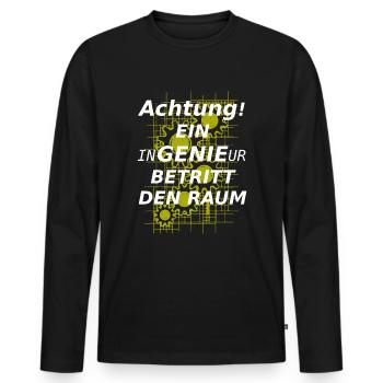 Achtung ein InGENIEur betritt den Raum - Männer Premium Bio Langarmshirt - Schwarz - Vorne - Nico (187cm)