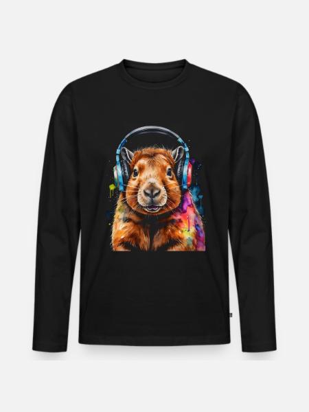 Capybara Kopfhörer Capy Bunt Tier Design Print - Männer Premium Bio Langarmshirt - Schwarz