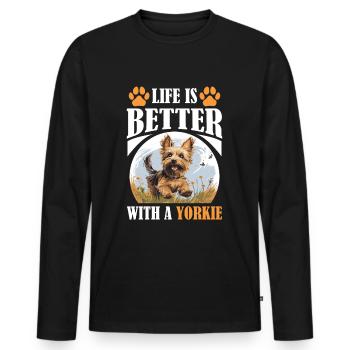 Yorkshire Terrier Dog Yorkie - Life is better - Männer Premium Bio Langarmshirt - Schwarz - Vorne - Nico (187cm)