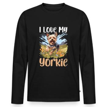 Yorkshire Terrier chien Yorkie - J’aime mon Yorkie - T-shirt manches longues Premium bio Homme - noir - Devant - Nico (187cm)
