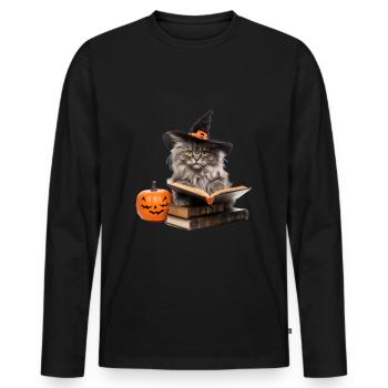 Cat reading a Book Pet Halloween Pumpkins - Männer Premium Bio Langarmshirt - Schwarz - Vorne - Nico (187cm)