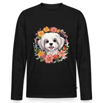 Maltese Dog Breed Pet Cute Graphic with Flowers - Men's Premium Organic Long Sleeve Shirt - black - Front - Nico (187cm)