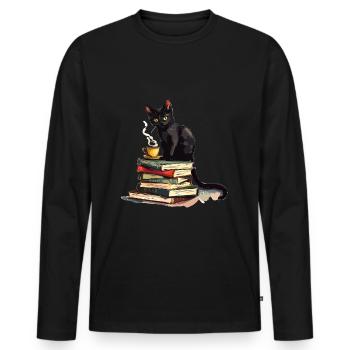 Cats Books Tea Reading - Cute Funny Graphic - Männer Premium Bio Langarmshirt - Schwarz - Vorne - Nico (187cm)