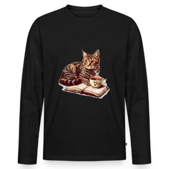 Cats Books Tea Reading - Cute Funny Graphic - Männer Premium Bio Langarmshirt - Schwarz - Vorne - Nico (187cm)