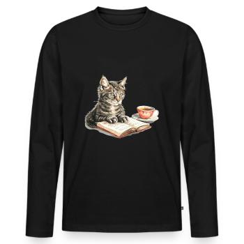Cats Books Tea Reading - Cute Funny Graphic - Männer Premium Bio Langarmshirt - Schwarz - Vorne - Nico (187cm)