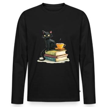 Cats Books Tea Reading - Cute Funny Graphic - Männer Premium Bio Langarmshirt - Schwarz - Vorne - Nico (187cm)