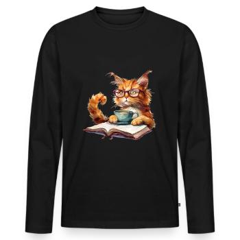 Cats Books Tea Reading - Cute Funny Graphic - Männer Premium Bio Langarmshirt - Schwarz - Vorne - Nico (187cm)