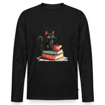Cats Books Tea Reading - Cute Funny Graphic - Männer Premium Bio Langarmshirt - Schwarz - Vorne - Nico (187cm)