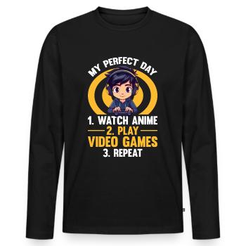 Anime Gaming Boy Manga Gamer Otaku My Perfect Day - Men's Premium Organic Long Sleeve Shirt - black - Front - Nico (187cm)