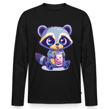 Kawaii Racoon Drinking Bubble Tea Boba Anime - Men's Premium Organic Long Sleeve Shirt - black - Front - Nico (187cm)