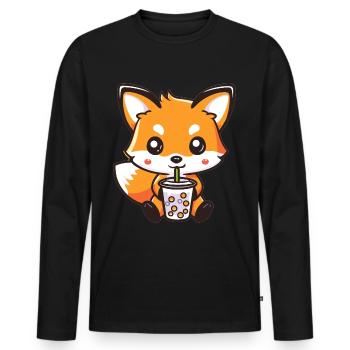 Kawaii Fox Drinking Bubble Tea Boba Anime Cute - Men's Premium Organic Long Sleeve Shirt - black - Front - Nico (187cm)