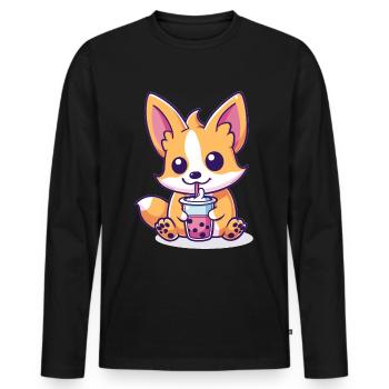 Welsh Corgi Pembroke Drinking Bubble Tea Boba - Men's Premium Organic Long Sleeve Shirt - black - Front - Nico (187cm)