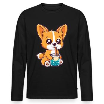 Welsh Corgi Pembroke Drinking Bubble Tea Boba - Men's Premium Organic Long Sleeve Shirt - black - Front - Nico (187cm)