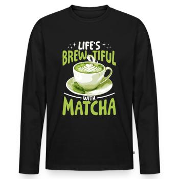 Matcha Green Tea Latte Lifes Brewtiful with Matcha - Männer Premium Bio Langarmshirt - Schwarz - Vorne - Nico (187cm)