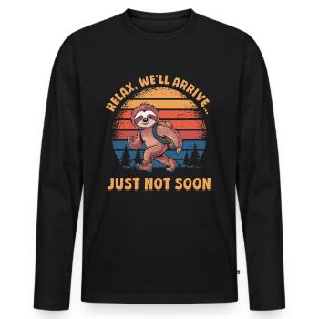 Sloth Hiking Mountains Relax, well arrive - Männer Premium Bio Langarmshirt - Schwarz - Vorne - Nico (187cm)