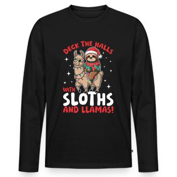 Sloth Llama Christmas Deck the halls with - Men's Premium Organic Long Sleeve Shirt - black - Front - Nico (187cm)