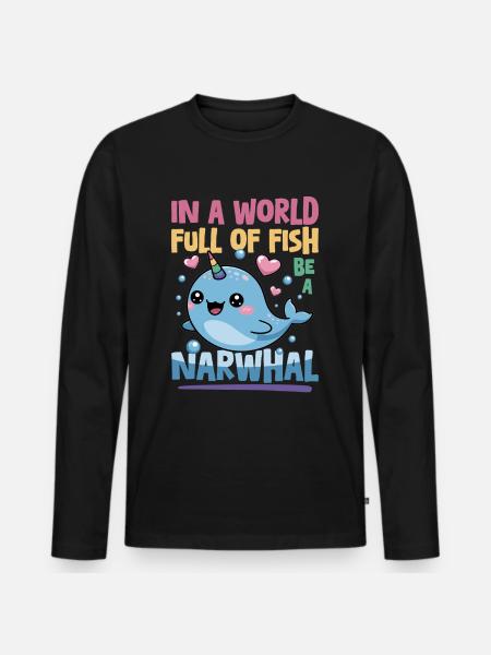 Narwhal Chibi Kawaii - Männer Premium Bio Langarmshirt - Schwarz