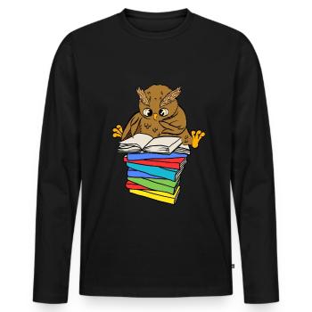 Süße Eule mit Büchern die gerade liest T-Shirt Les - Männer Premium Bio Langarmshirt - Schwarz - Vorne - Nico (187cm)
