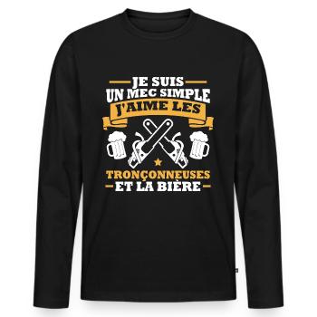 Un mec simple j aime les tronçonneuses et la bière - T-shirt manches longues Premium bio Homme - noir - Devant - Nico (187cm)