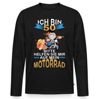 ICH BIN 50 BITTE HELFEN SIE MIR AUF MEIN MOTORRAD - Männer Premium Bio Langarmshirt - Schwarz - Vorne - Nico (187cm)