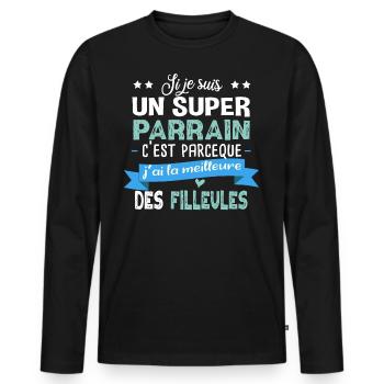 Parrain Filleul Cadeau Baptême Fille Famille - T-shirt manches longues Premium bio Homme - noir - Devant - Nico (187cm)