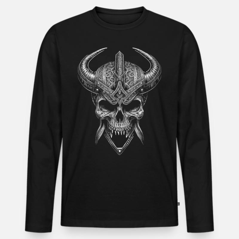 Wikinger Schädel mit Hörnerhelm - Männer Premium Bio Langarmshirt - Schwarz
