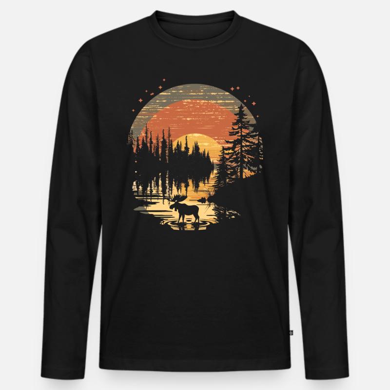 Elch Elche Waldtier Sunset - Männer Premium Bio Langarmshirt - Schwarz