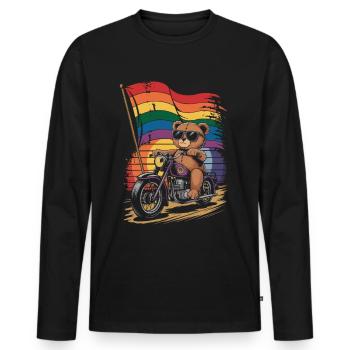 Teddy Bear Rides Motorcycle LGBTQ Rainbow Banner - Men's Premium Organic Long Sleeve Shirt - black - Front - Nico (187cm)