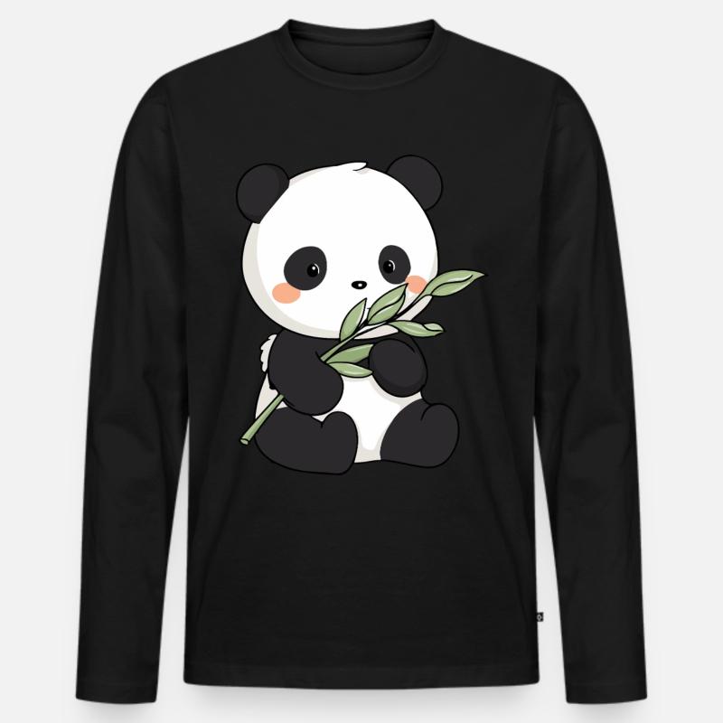 Süßer Kawaii Panda mit Bambus - Männer Premium Bio Langarmshirt - Schwarz