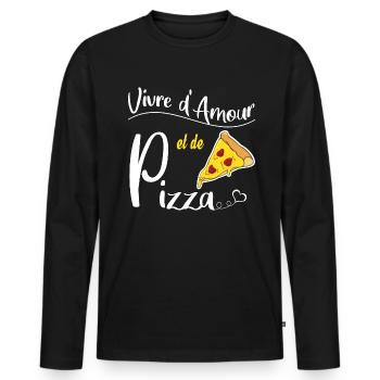 Vivre d'amour et de pizza. Humour - T-shirt manches longues Premium bio Homme - noir - Devant - Nico (187cm)