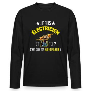 Je suis électricien, super pouvoir, Humour Métier - T-shirt manches longues Premium bio Homme - noir - Devant - Nico (187cm)