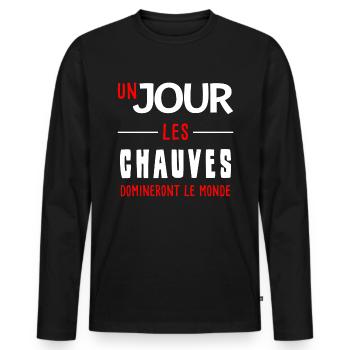 un jour les chauves domineront le monde. Humour - T-shirt manches longues Premium bio Homme - noir - Devant - Nico (187cm)