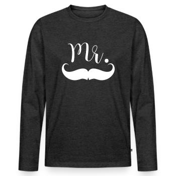 Mr Moustache. T shirt DUO pour couple. Monsieur - T-shirt manches longues Premium bio Homme - anthracite chiné - Devant - Nico (187cm)