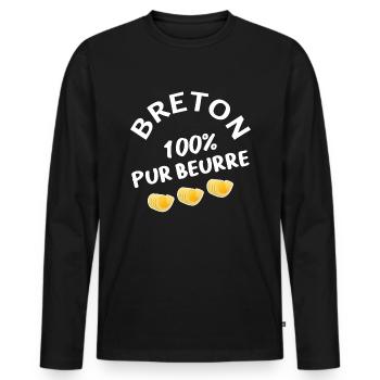Breton 100 % pur beurre. Humour Bretagne, BZH - T-shirt manches longues Premium bio Homme - noir - Devant - Nico (187cm)