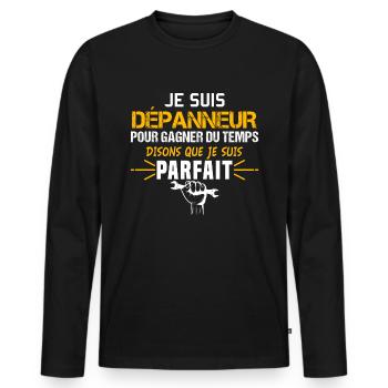 Dépanneur humour métier. Dépannage idée cadeau - T-shirt manches longues Premium bio Homme - noir - Devant - Nico (187cm)