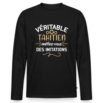 Véritable Tahitien. Humour pays, Tahiti. Polynésie - T-shirt manches longues Premium bio Homme - noir - Devant - Nico (187cm)