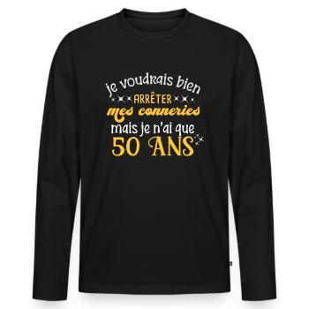 Anniversaire 50 ans, idée cadeau humour âge - T-shirt manches longues Premium bio Homme - noir - Devant - Nico (187cm)