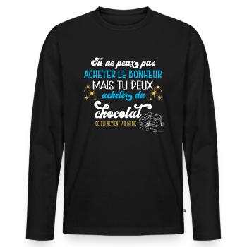 Humour chocolat, idée cadeau, bonheur et chocolats - T-shirt manches longues Premium bio Homme - noir - Devant - Nico (187cm)