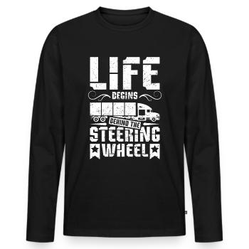 Life begins behind the sreering wheel truck driver - Männer Premium Bio Langarmshirt - Schwarz - Vorne - Nico (187cm)