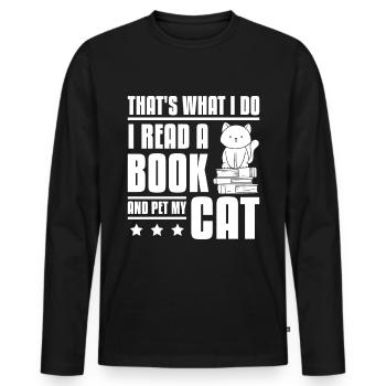 Lire un livre caresser un chat - T-shirt manches longues Premium bio Homme - noir - Devant - Nico (187cm)