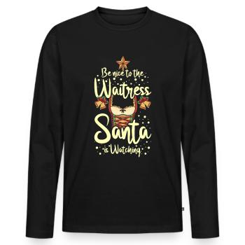 Soyez gentil avec la serveuse que le père Noël regarde - T-shirt manches longues Premium bio Homme - noir - Devant - Nico (187cm)