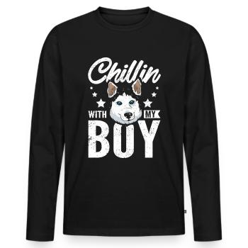 Chillin avec mon garçon, husky sibérien - T-shirt manches longues Premium bio Homme - noir - Devant - Nico (187cm)