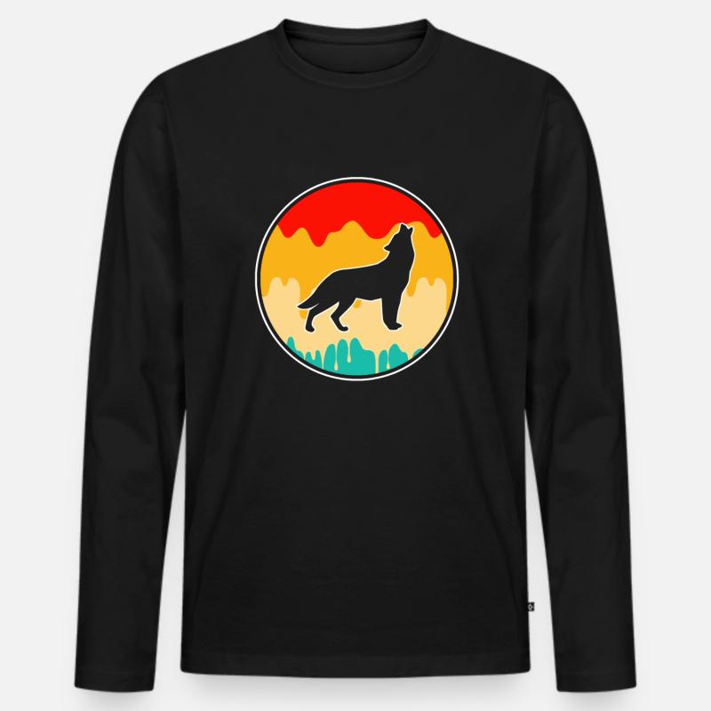 Wolf Retro - Männer Premium Bio Langarmshirt - Schwarz