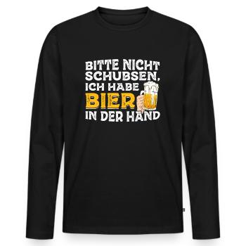 Bitte nicht schubsen, ich habe Bier in der Hand - Männer Premium Bio Langarmshirt - Schwarz - Vorne - Nico (187cm)