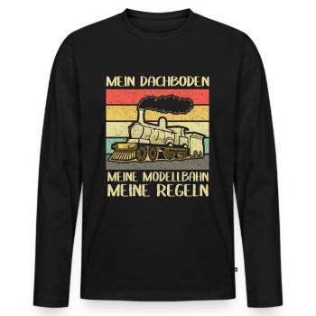 Mein Dachboden Meine Modellbahn Dampflok - Männer Premium Bio Langarmshirt - Schwarz - Vorne - Nico (187cm)