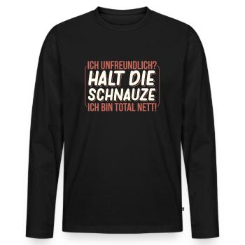 Ich unfreundlich ich bin total nett - Männer Premium Bio Langarmshirt - Schwarz - Vorne - Nico (187cm)