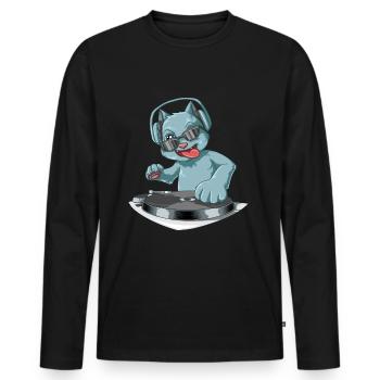 DJ Cat with headphones at the turntables - Men's Premium Organic Long Sleeve Shirt - black - Front - Nico (187cm)