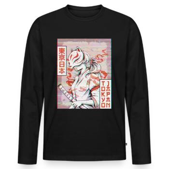 Samurai Kitsune Fox Mask Vaporwave Aesthetic - Men's Premium Organic Long Sleeve Shirt - black - Front - Nico (187cm)